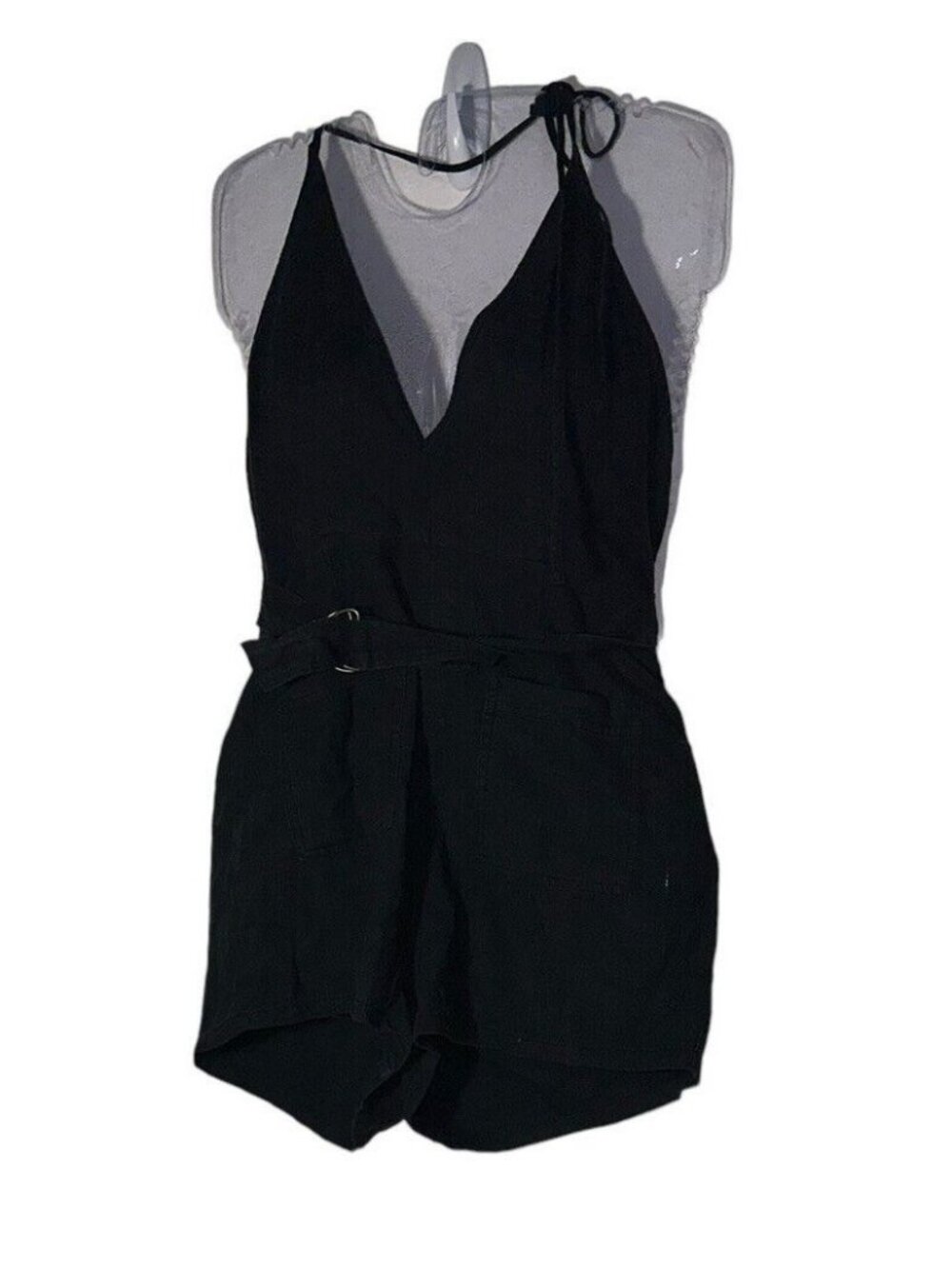 Free People Easy Does It Halter Romper Size 0 Black Linen Blend
